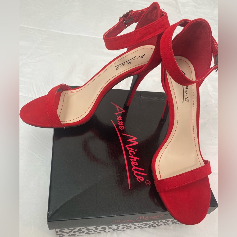 Anne Michelle Red Suede Ankle Strap Stiletto Heels